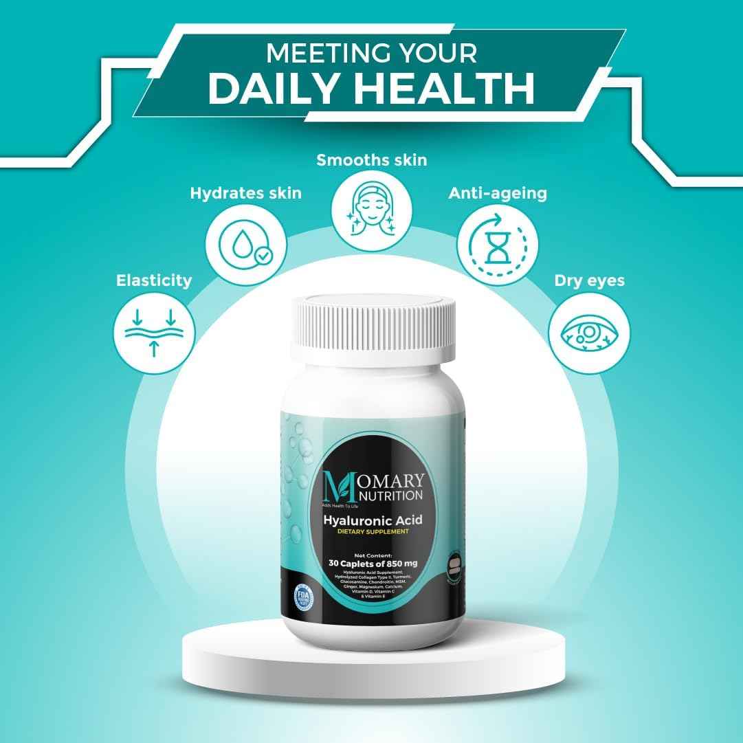 Hyaluronic Acid Supplement, Natural Skin Hydration, Advanced Joint Support and Mobility Booster, Type II Hydrolyzed Collagen, Turmeric, Glucosamine, Chondroitin, 90Caplets 850Mg