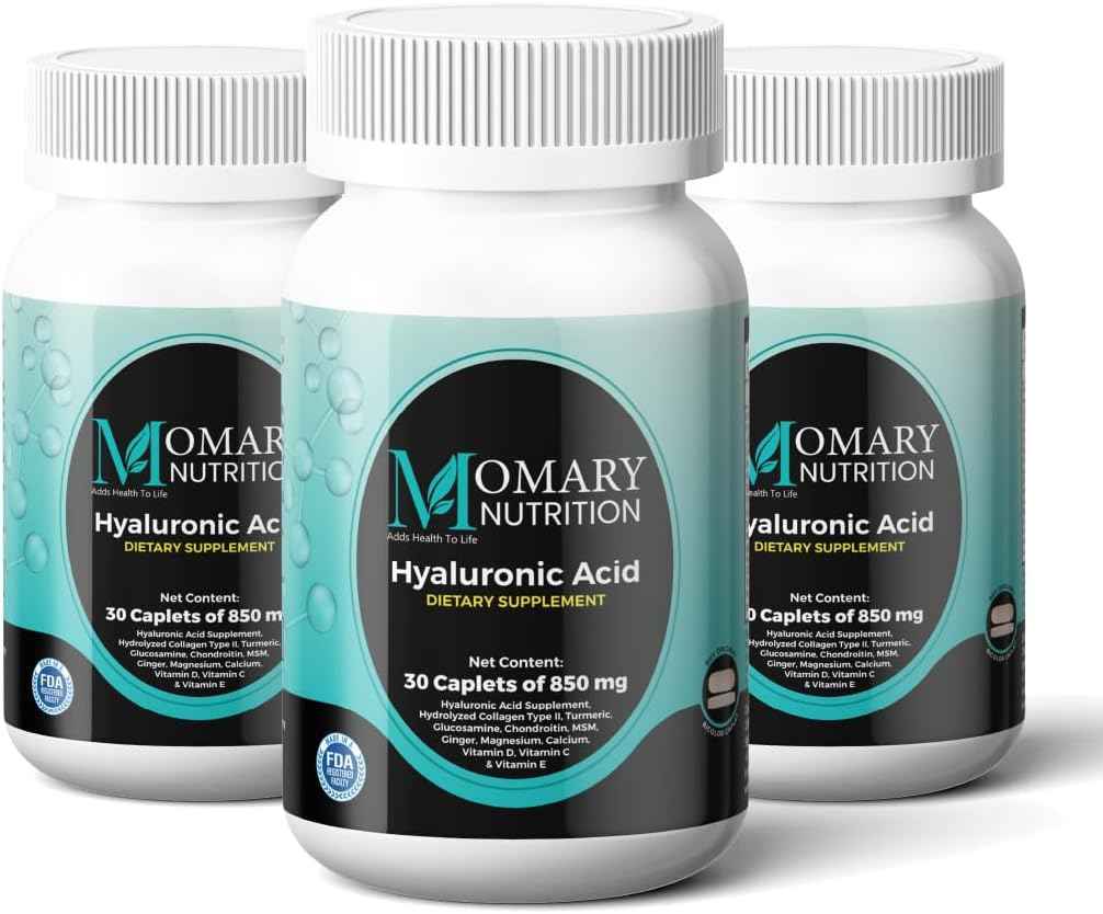 Hyaluronic Acid Supplement, Natural Skin Hydration, Advanced Joint Support and Mobility Booster, Type II Hydrolyzed Collagen, Turmeric, Glucosamine, Chondroitin, 90Caplets 850Mg