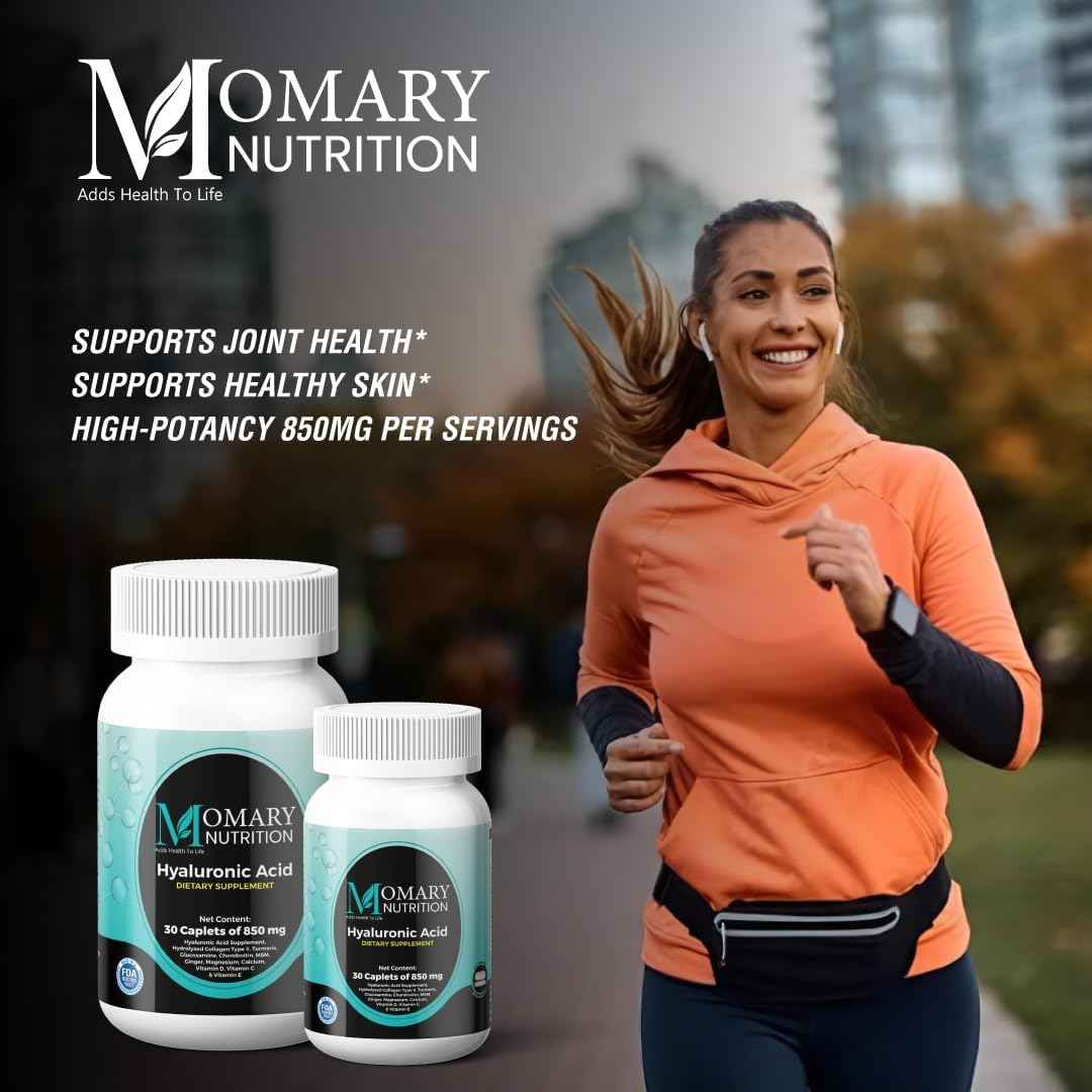 Hyaluronic Acid Supplement, Natural Skin Hydration, Advanced Joint Support and Mobility Booster, Type II Hydrolyzed Collagen, Turmeric, Glucosamine, Chondroitin, 90Caplets 850Mg