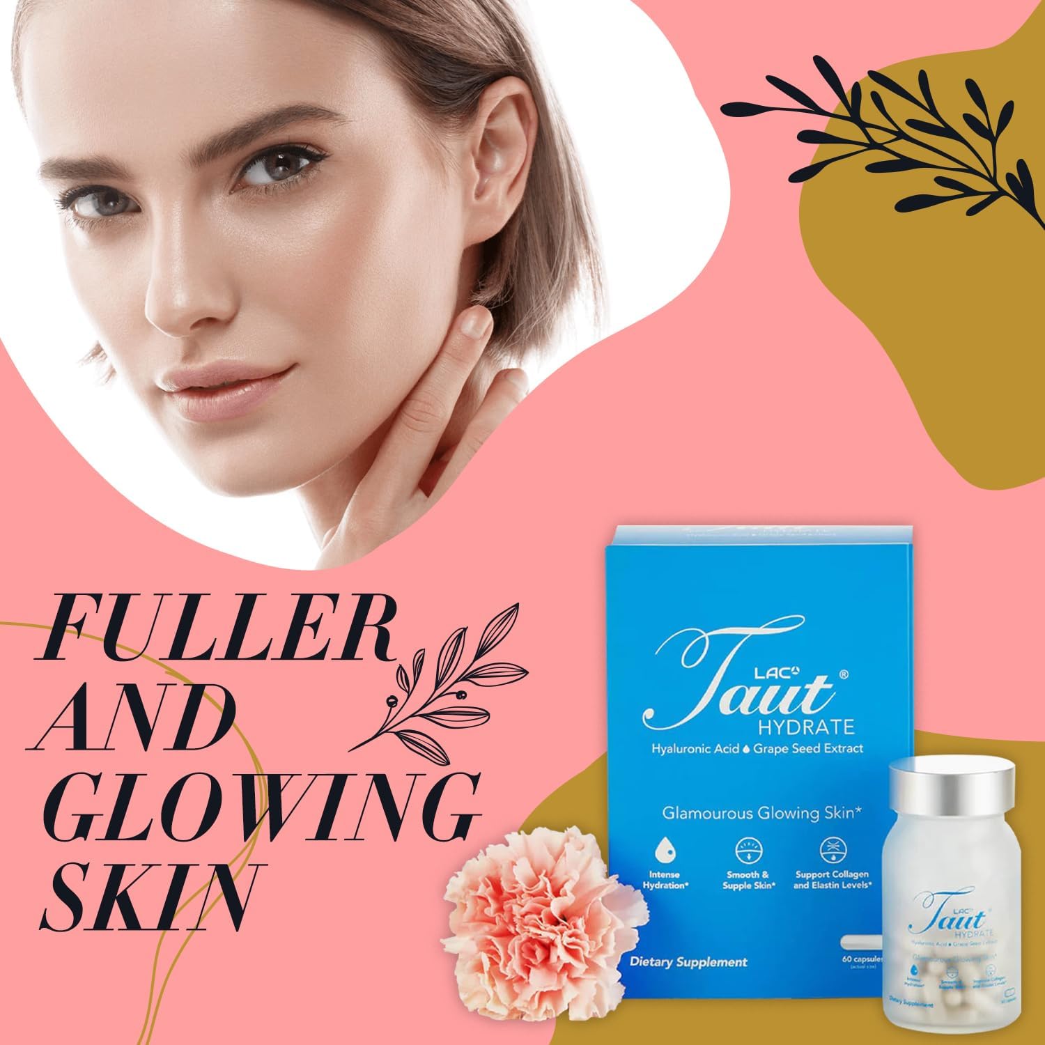 Hydrate & Brighten Skin with TAUT Hyaluronic Acid Pills - Vegan Collagen Supplement for Glowing Skin - 60 Capsules