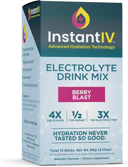 Hydrating Electrolyte Powder with Vitamin C, B3, B6 - 3X Electrolytes, Low Sugar - Berry Blast Flavor, 12 Packets - Vegan & Gluten Free
