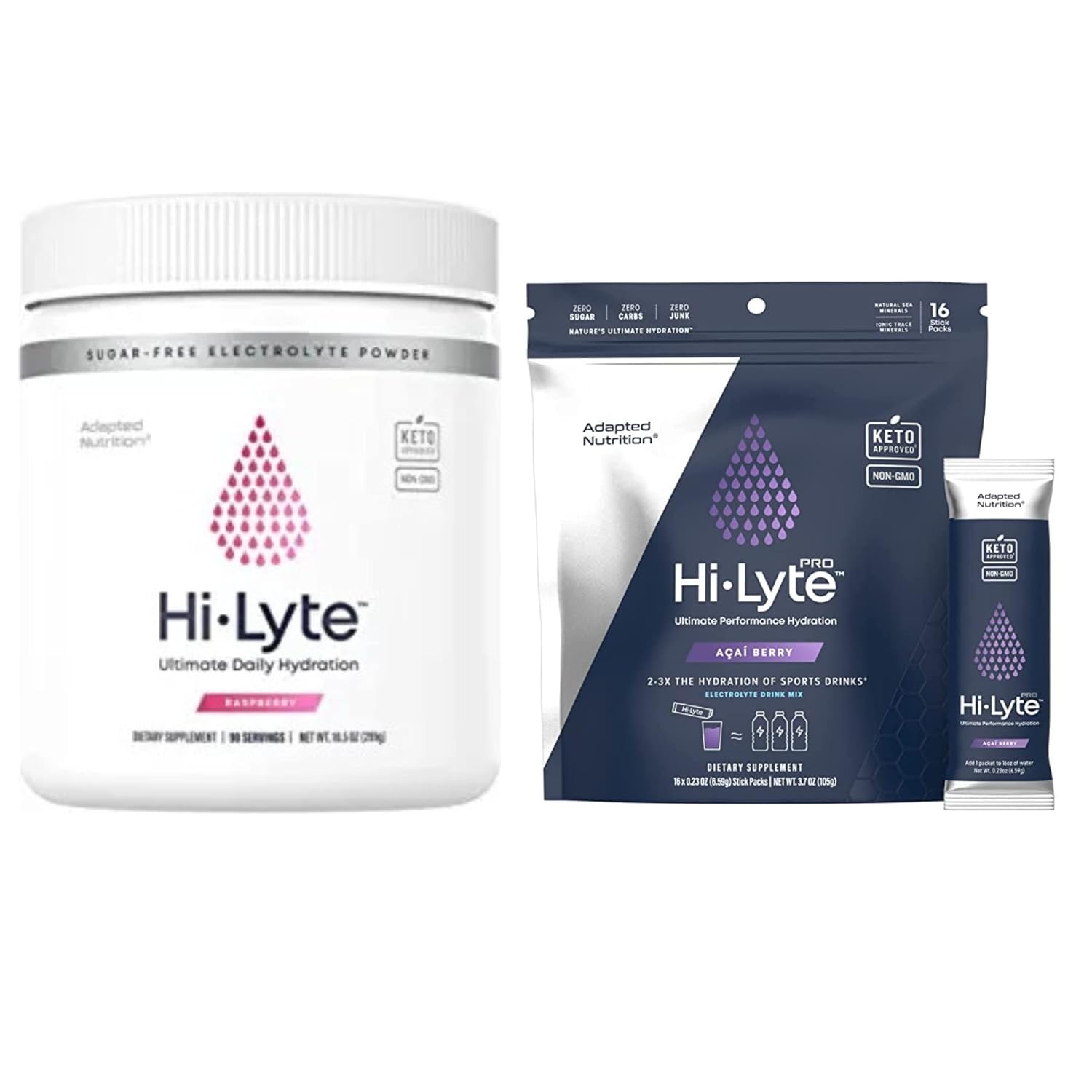 Hydration Bundle: Adapted Nutrition Electrolyte Powder & Pro Packets, 106 Servings, Raspberry & Acai Berry Flavors