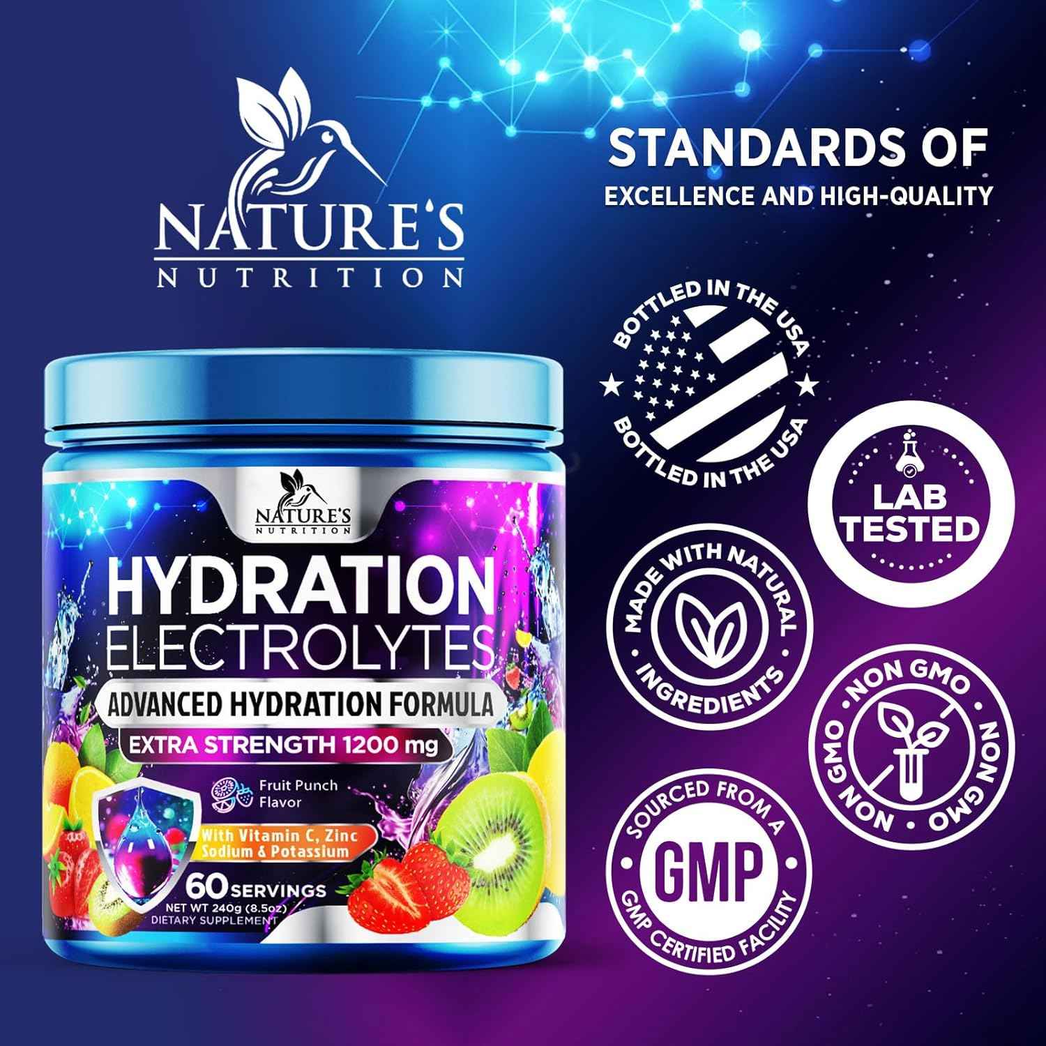 Hydration Replenisher Daily Electrolyte Drink Mix – Hydration Powder for Rapid Hydration with 6 Electrolytes & Minerals, Zero Sugar, Keto, Vegan, Non-GMO & Sugar-Free Electrolyte Powder - 60 Servings