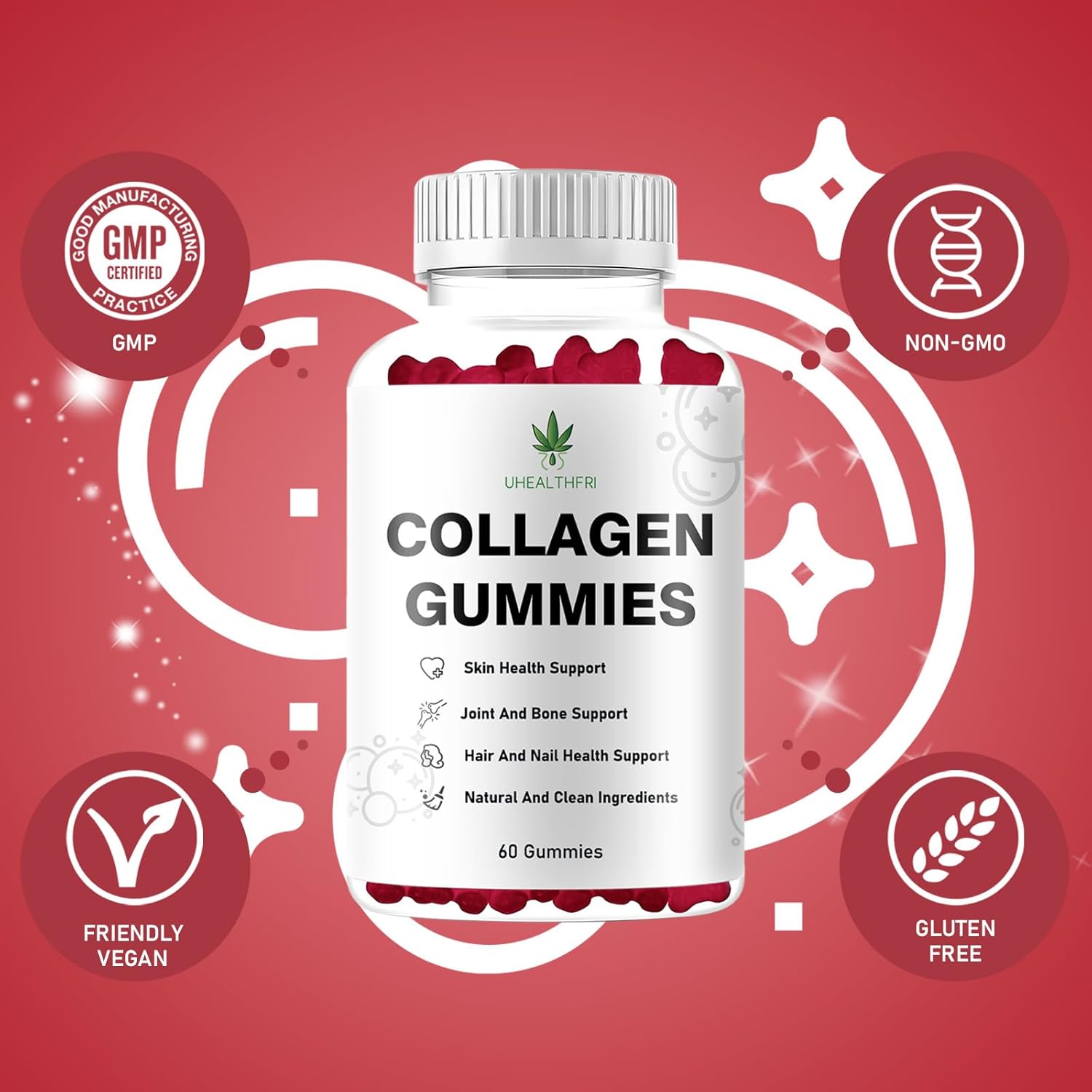 Hydrolyzed Collagen Gummies with Peptides Type I II III V X for Hair, Skin & Nails - Uhealthfri Collagen Peptides for Men and Women