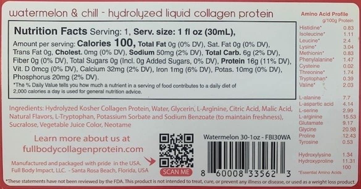 Hydrolyzed Collagen Liquid Protein Supplement 16,000mg 1oz Packs - Type I & III Collagen for Hair, Skin, Nails & Joints - Box of 30, Sugar Free - Watermelon & Chill Flavor