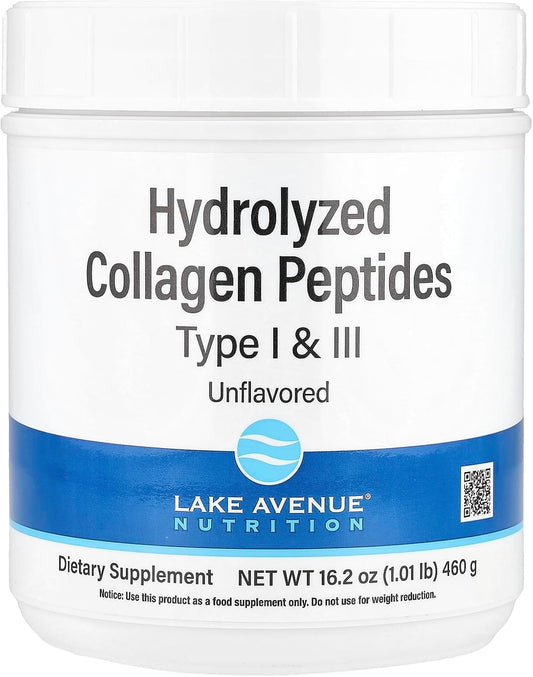 Hydrolyzed Collagen Peptides Type I & III Powder, Unflavored, 1.01 lb (460 g) - Lake Avenue Nutrition