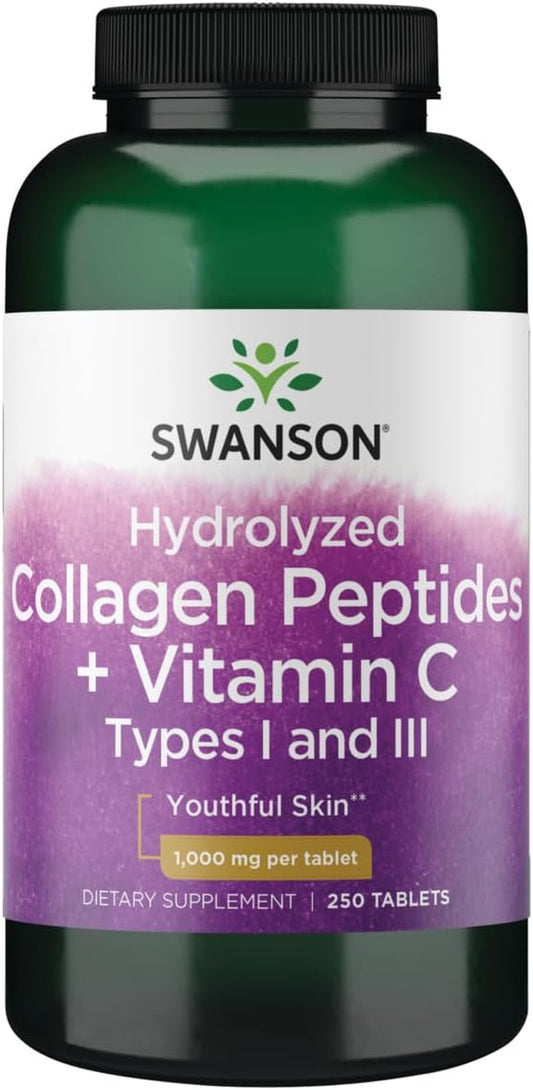 Hydrolyzed Collagen Peptides with Vitamin C Tablets - 1,000 mg, 250 Count, Types I and III