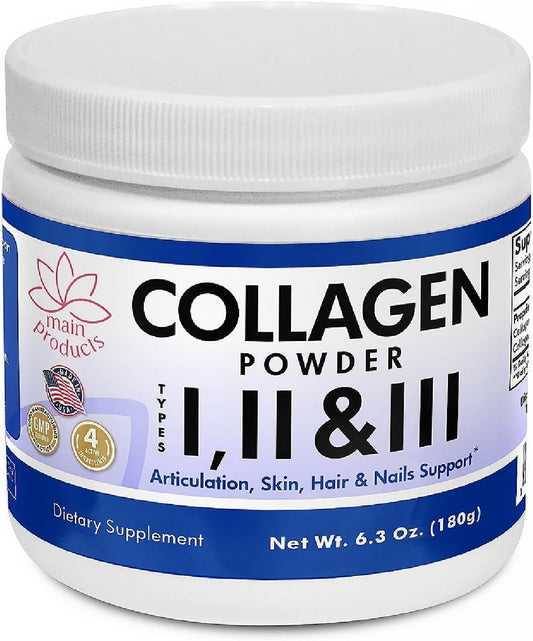 Hydrolyzed Collagen Powder with Hyaluronic Acid for Articulation, Skin, Hair, Nails - 6.3 Oz, Types I, II, III