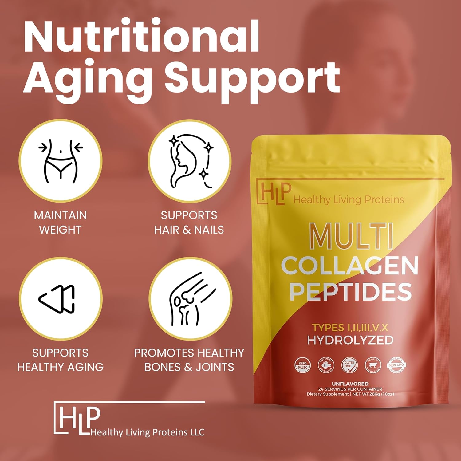 Hydrolyzed Multi Collagen Peptides Powder - Grass Fed Bovine, Wild Caught Marine, Free Range Chicken - Types I, II, III, V & X - Gluten Free - 10 oz Unflavored