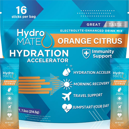 HydroMATE Electrolytes Powder Packets - 16 Instant Hydration Packets with Vitamin C and Low Sugar for Fast Recovery