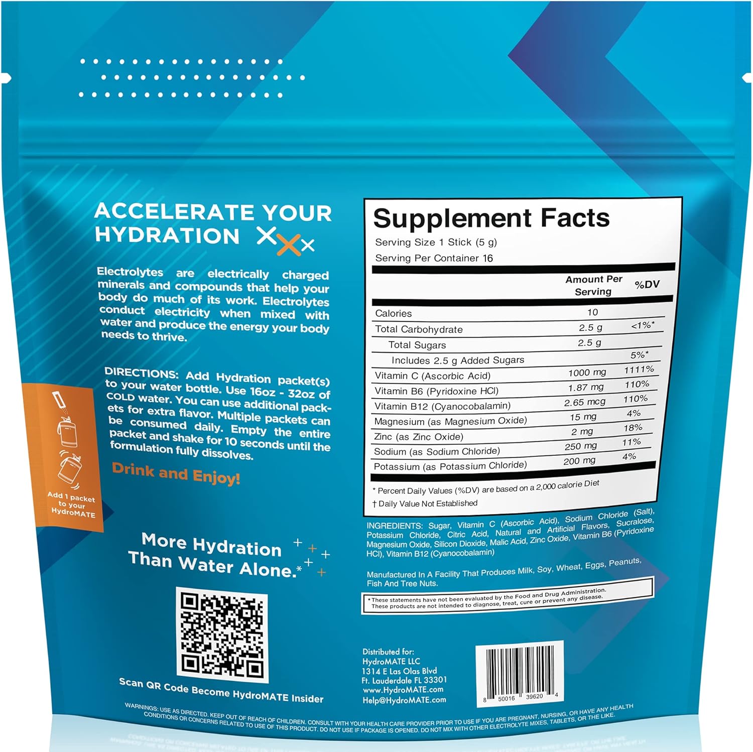HydroMATE Electrolytes Powder Packets - 16 Instant Hydration Packets with Vitamin C and Low Sugar for Fast Recovery