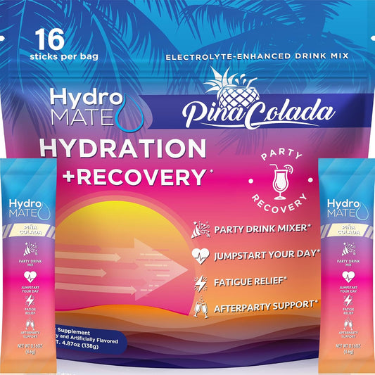 HydroMATE Pineapple Electrolyte Powder Packets - 16 Sticks for Tropical Piña Colada Hydration & Recovery, Low Sugar Formula