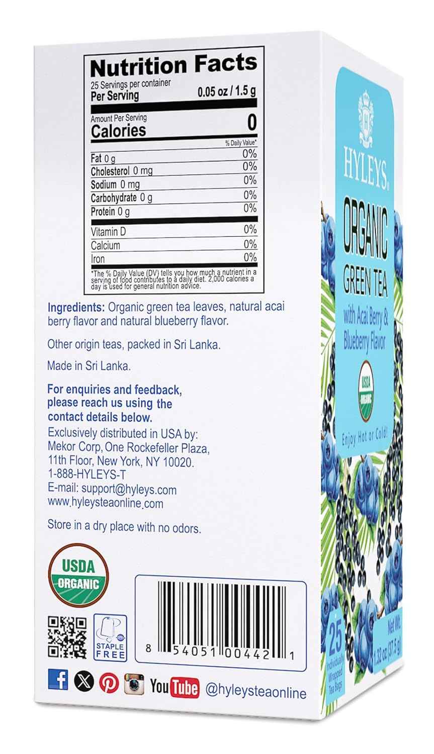 Hyleys Organic Green Tea Acai Berry and Blueberry Flavor - 25 Tea Bags - (6 Pack - 150 Tea Bags Total)