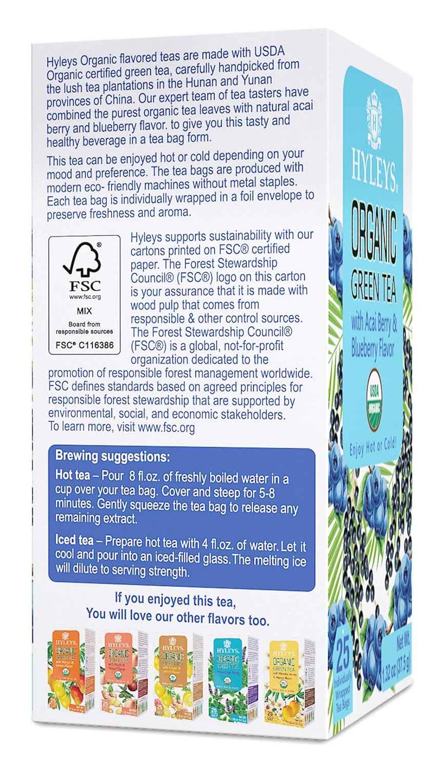 Hyleys Organic Green Tea Acai Berry and Blueberry Flavor - 25 Tea Bags - (6 Pack - 150 Tea Bags Total)