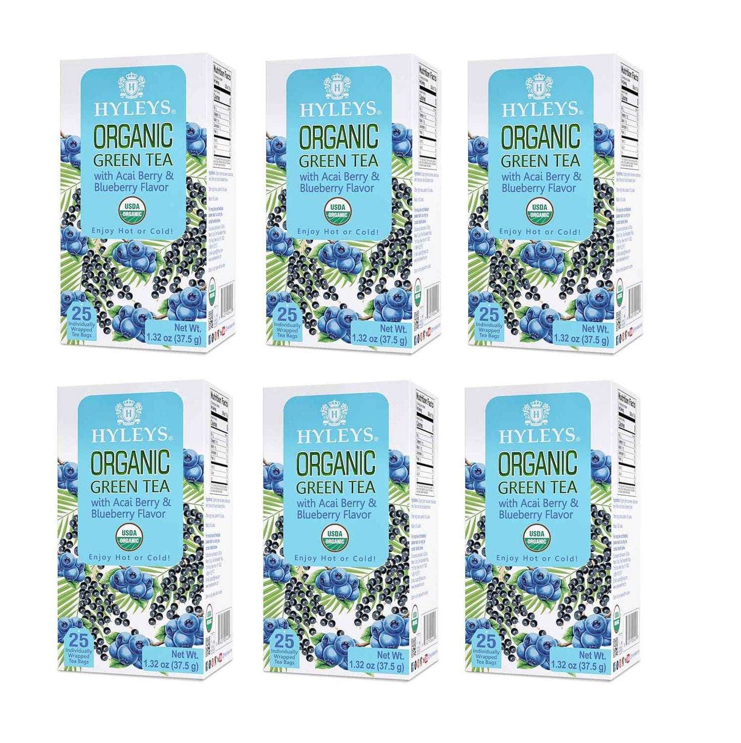 Hyleys Organic Green Tea Acai Berry and Blueberry Flavor - 25 Tea Bags - (6 Pack - 150 Tea Bags Total)