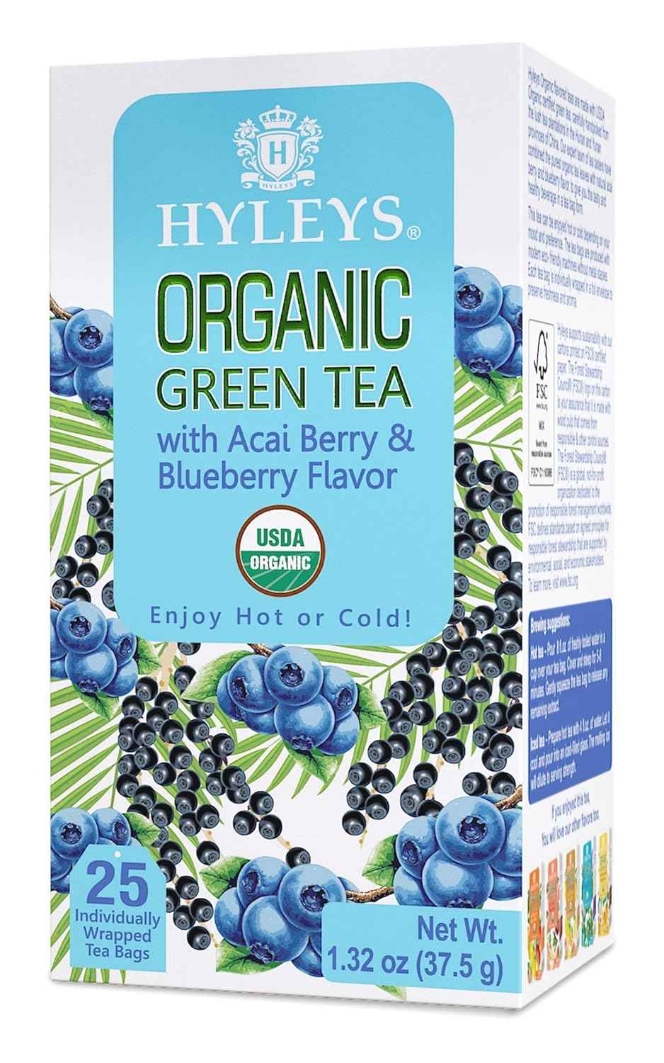 Hyleys Organic Green Tea Acai Berry and Blueberry Flavor - 25 Tea Bags - (6 Pack - 150 Tea Bags Total)