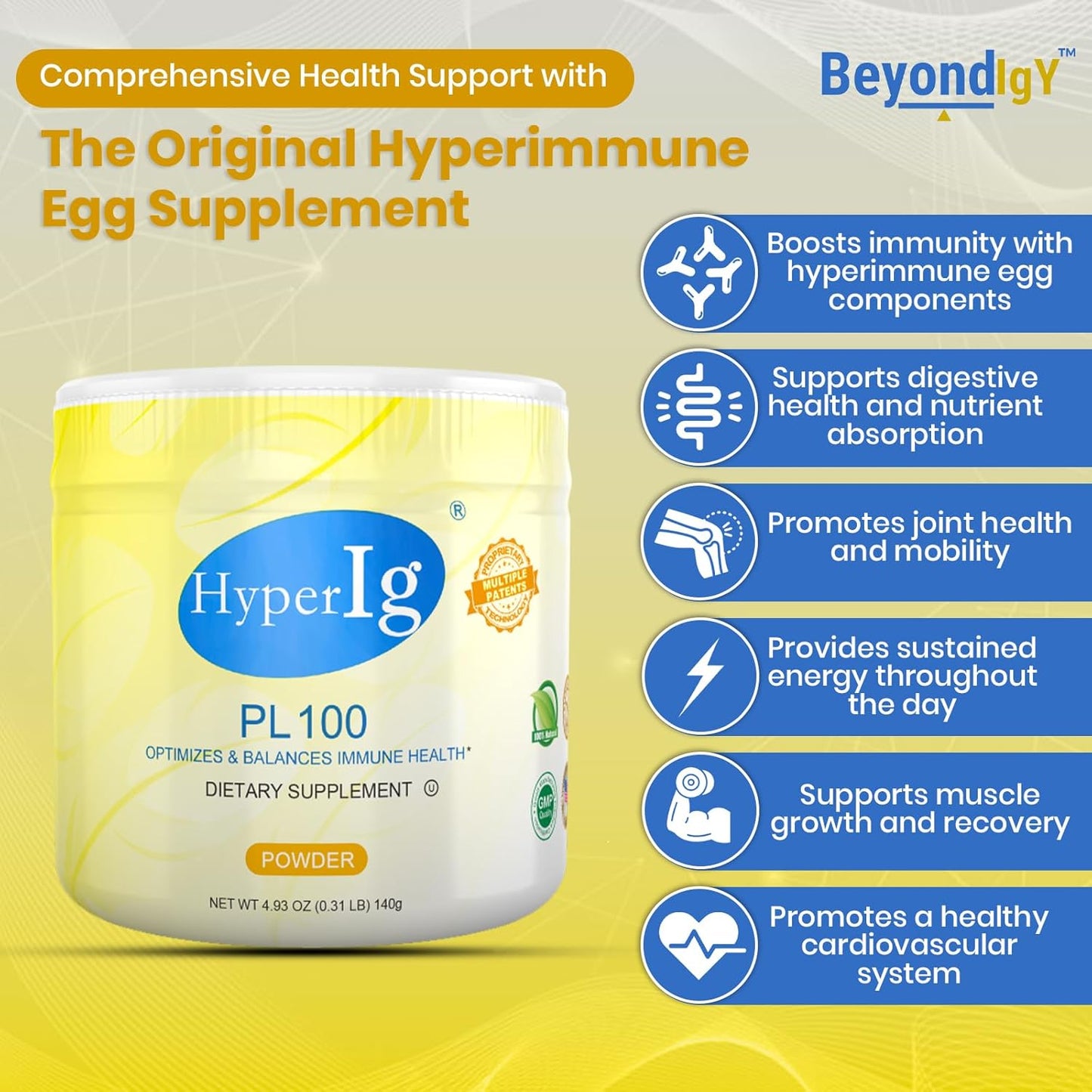 HyperIG PL-100 Original Hyperimmune Egg Protein Powder - Boost Immunity, Support Digestion, Joints, Energy, and Muscles - 140g Canister