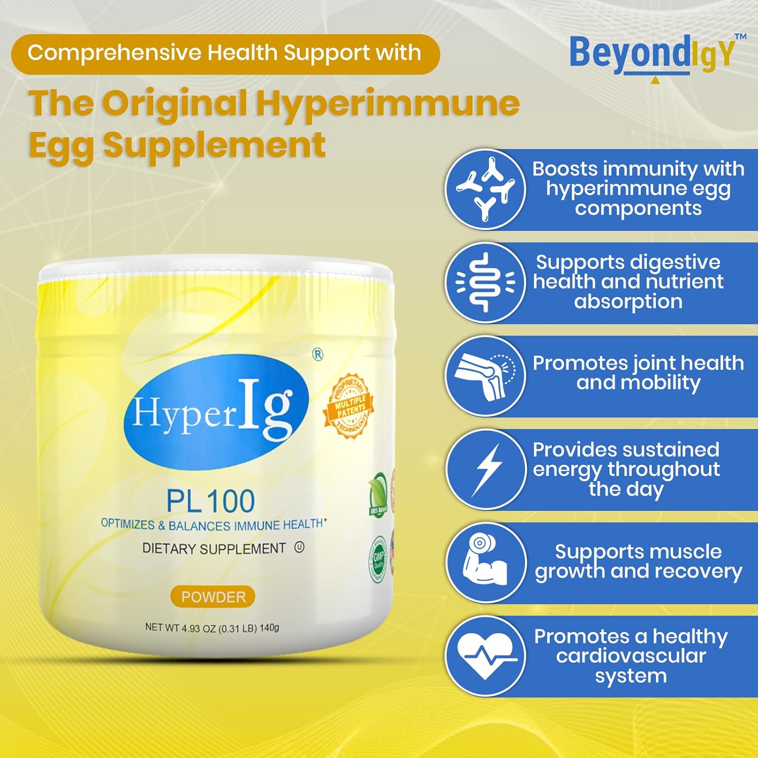 HyperIG PL-100 Original Hyperimmune Egg Protein Powder - Boost Immunity, Support Digestion, Joints, Energy, and Muscles - 140g Canister