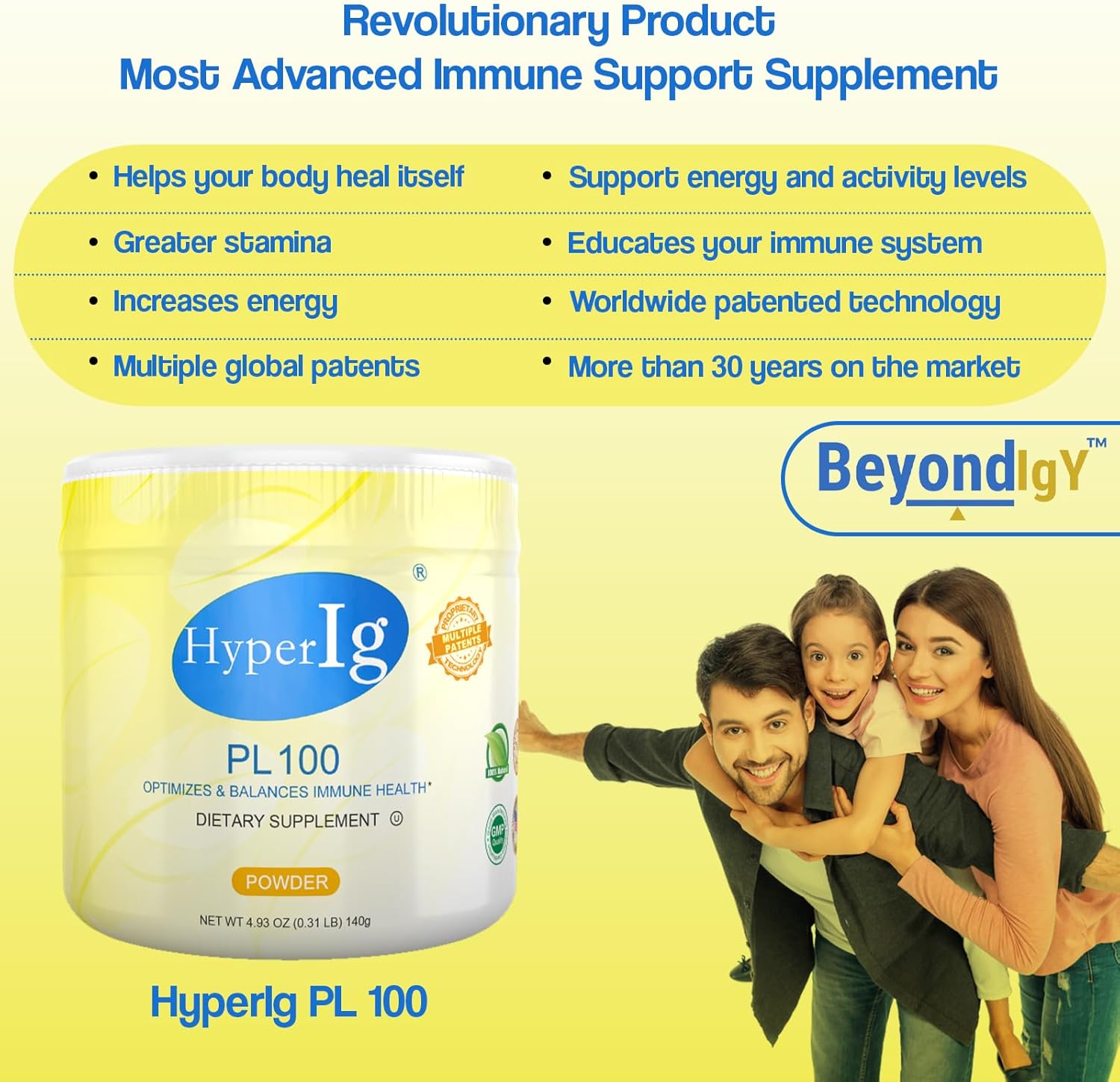 HyperIG PL-100 Original Hyperimmune Egg Protein Powder - Boost Immunity, Support Digestion, Joints, Energy, and Muscles - 140g Canister
