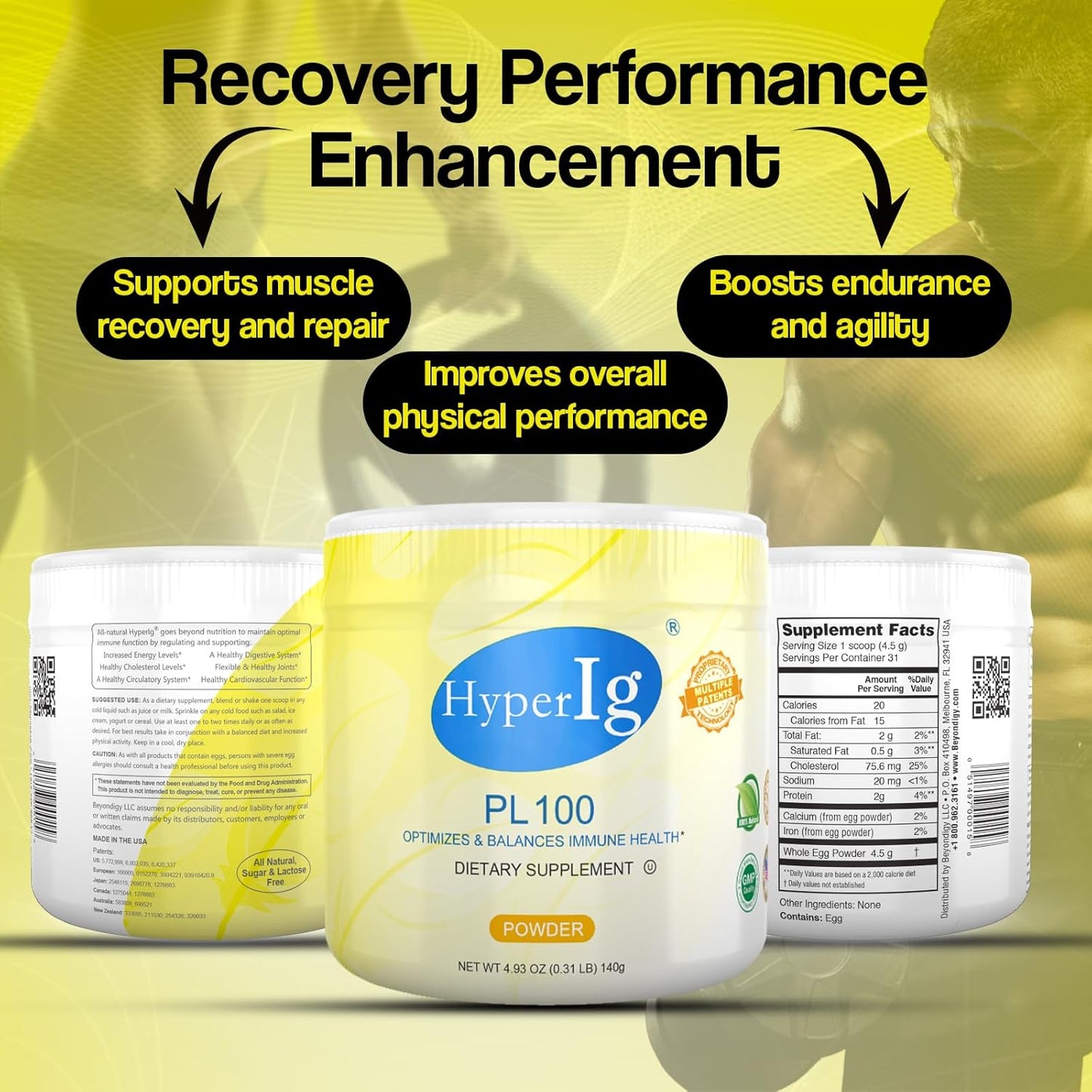 HYPERIG PL-100 Original Hyperimmune Egg Protein Powder Supplement - Immune Boost, Digestive Support, Joint Care, Energy, Muscle Strength - 140g (3 Canister)