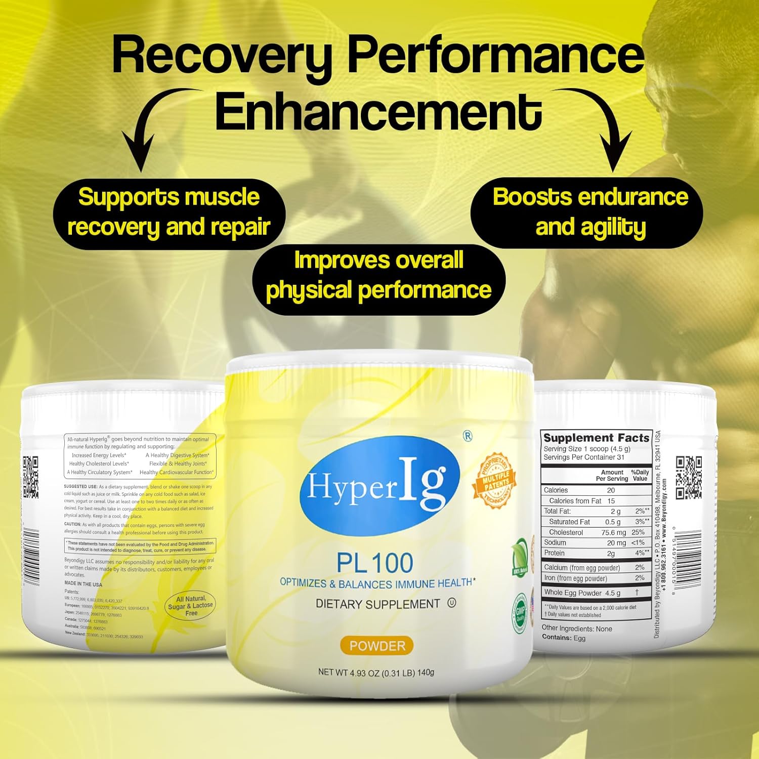 HYPERIG PL-100 Original Hyperimmune Egg Protein Powder Supplement - Immune Boost, Digestive Support, Joint Care, Energy, Muscle Strength - 140g (3 Canister)