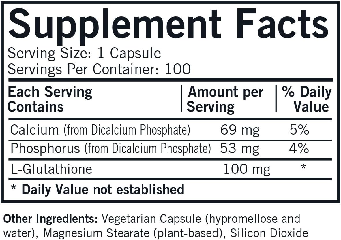 Hypoallergenic L-Glutathione 100 mg Supplement - 100 Vegetarian Capsules for Antioxidant Support