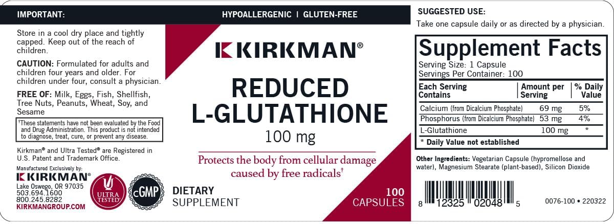 Hypoallergenic L-Glutathione 100 mg Supplement - 100 Vegetarian Capsules for Antioxidant Support
