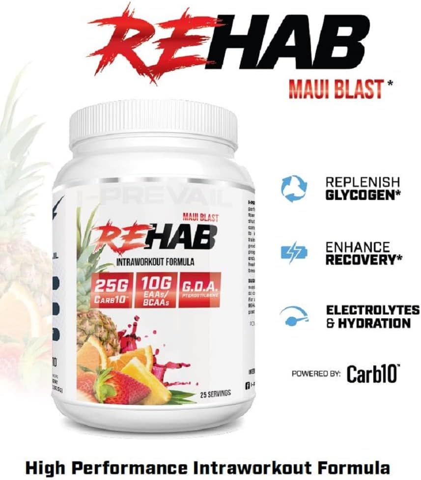 I-Prevail Supplements Rehab High Performance Intraworkout Formula with 10g BCAA & EAA - Carb10 for Enhanced Recovery & Hydration - Keto Friendly - Blueberry Lemonade Flavor - 25 Servings