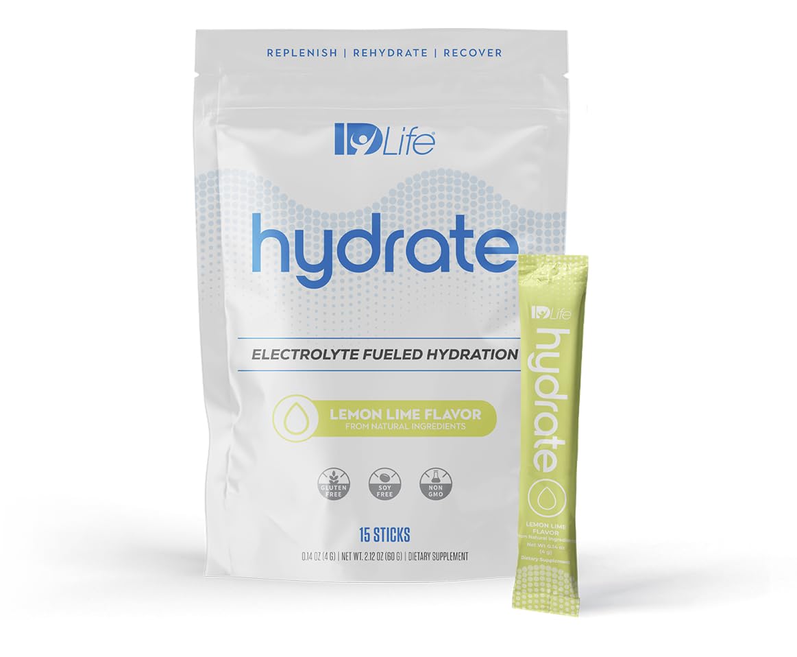 IDLife Lemon Lime Hydrate Drink Powder - Electrolyte-Rich Hydration with Vitamins, MCTs, and Minerals - 15 Sticks