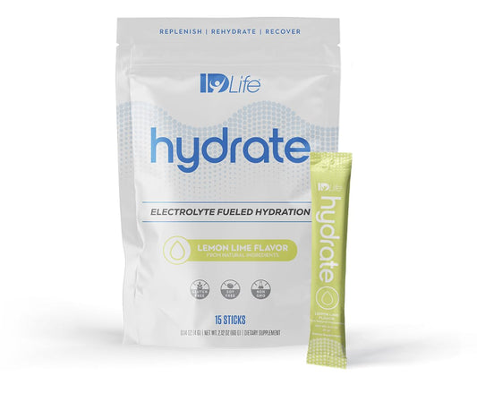 IDLife Lemon Lime Hydrate Drink Powder - Electrolyte-Rich Hydration with Vitamins, MCTs, and Minerals - 15 Sticks