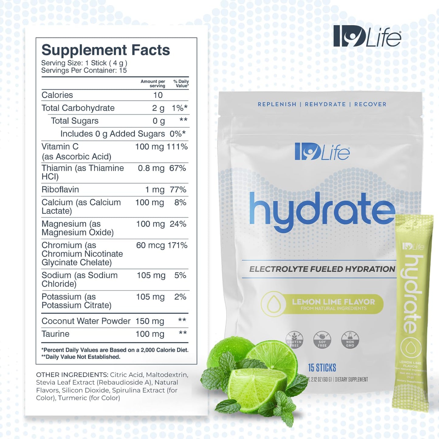 IDLife Lemon Lime Hydrate Drink Powder - Electrolyte-Rich Hydration with Vitamins, MCTs, and Minerals - 15 Sticks