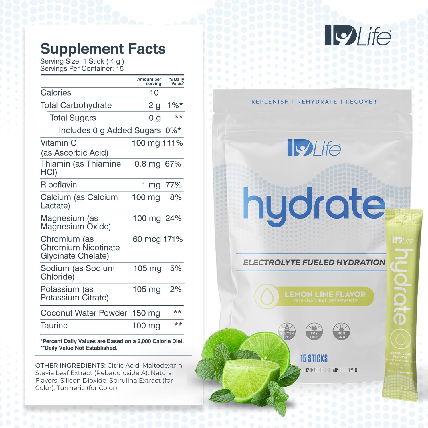 IDLife Lemon Lime Hydrate Drink Powder - Electrolyte-Rich Hydration with Vitamins, MCTs, and Minerals - 15 Sticks