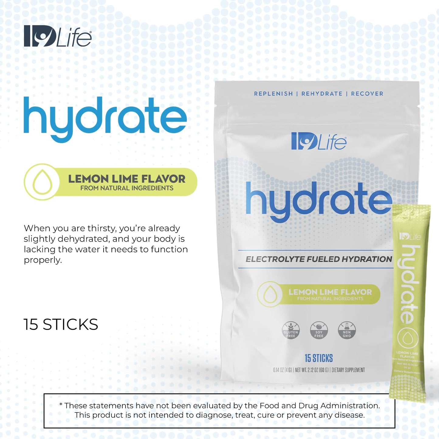 IDLife Lemon Lime Hydrate Drink Powder - Electrolyte-Rich Hydration with Vitamins, MCTs, and Minerals - 15 Sticks