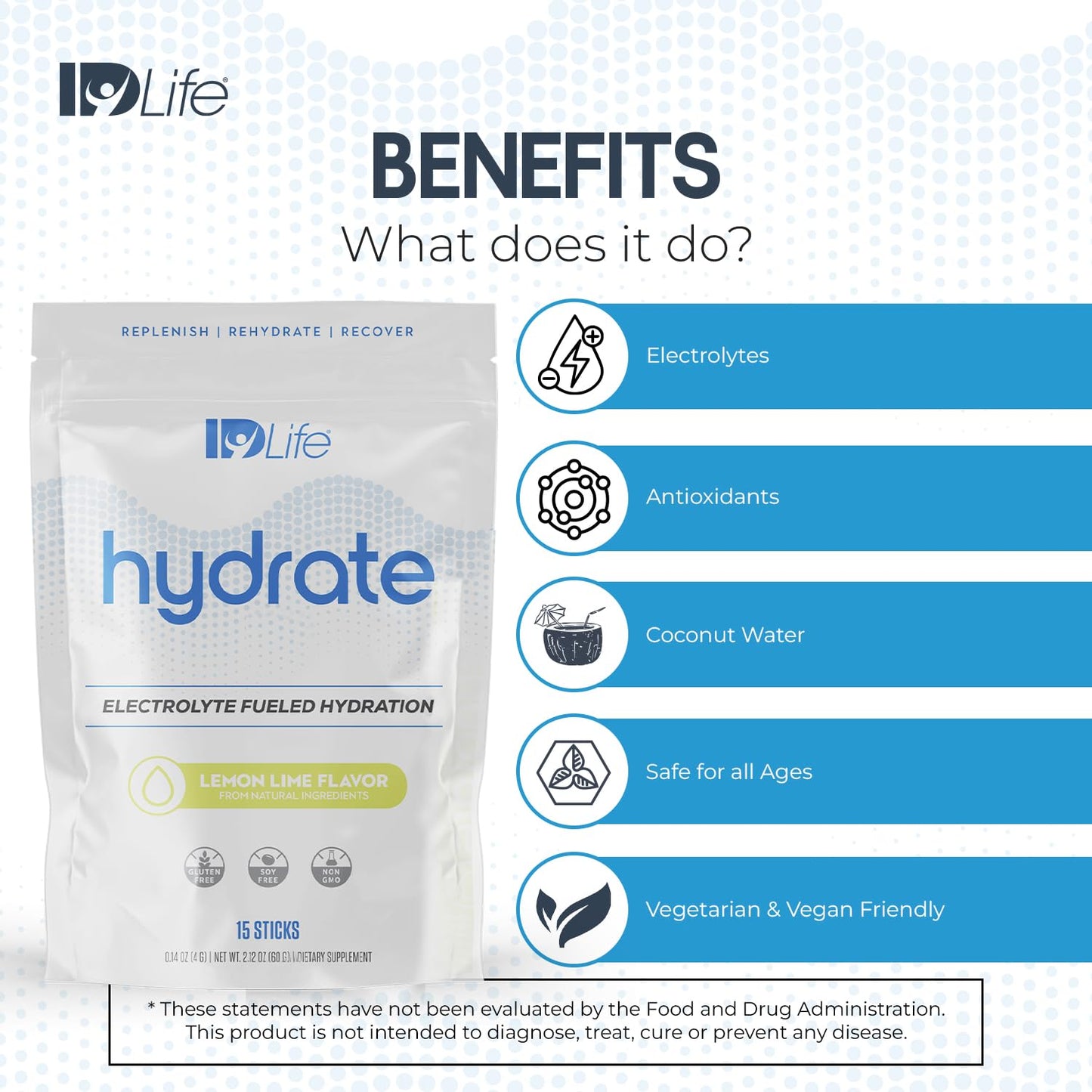 IDLife Lemon Lime Hydrate Drink Powder - Electrolyte-Rich Hydration with Vitamins, MCTs, and Minerals - 15 Sticks