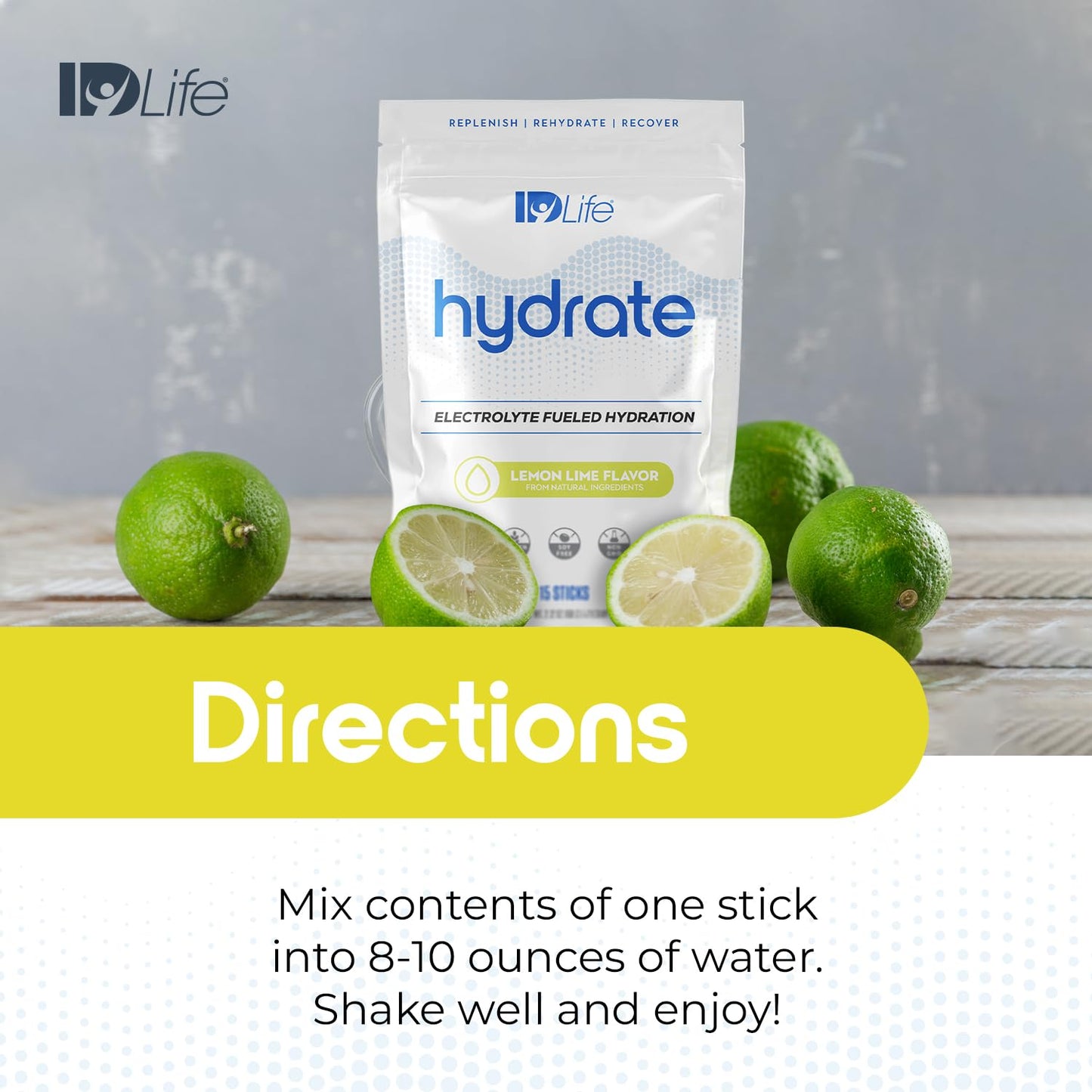 IDLife Lemon Lime Hydrate Drink Powder - Electrolyte-Rich Hydration with Vitamins, MCTs, and Minerals - 15 Sticks
