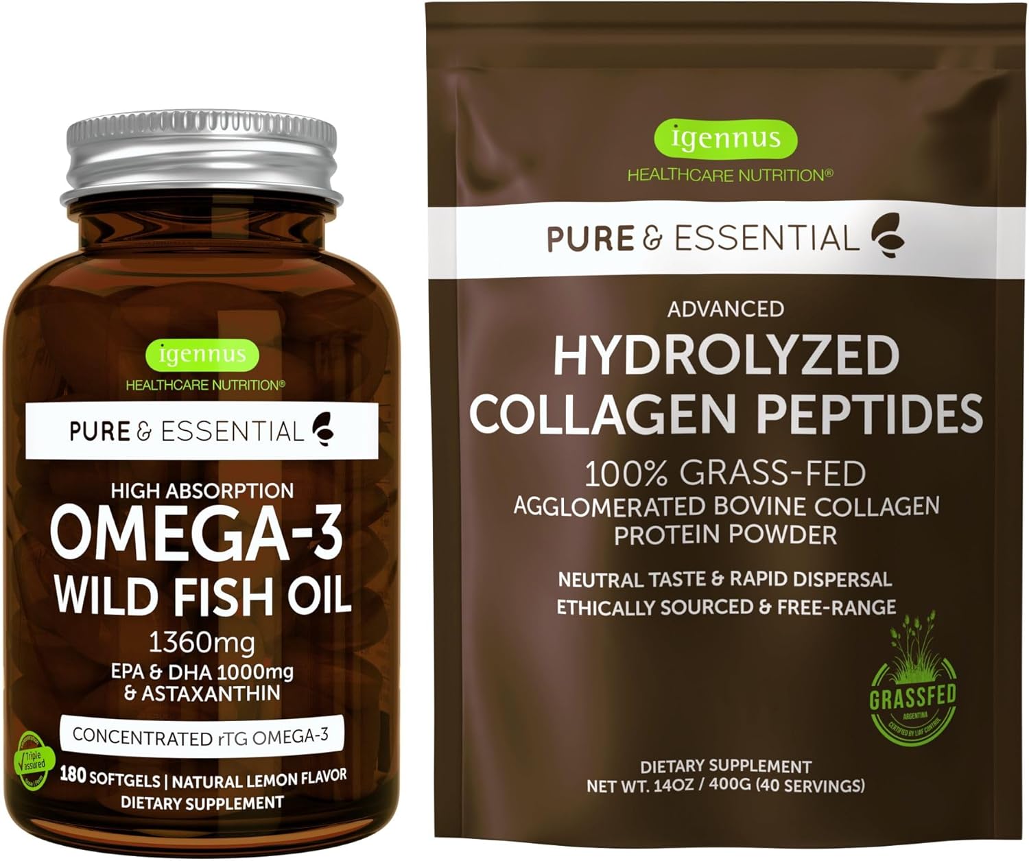 Igennus Omega-3 Fish Oil & Collagen Peptides Bundle - High Absorption, Astaxanthin, Grass Fed Protein