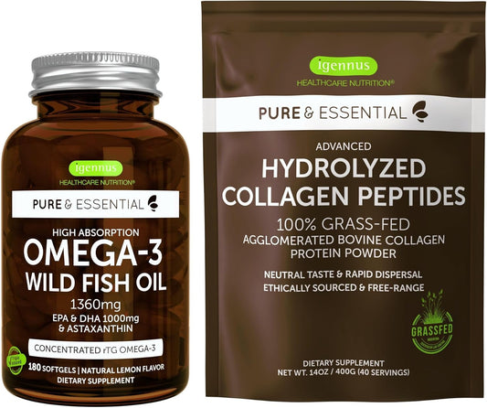 Igennus Omega-3 Fish Oil & Collagen Peptides Bundle - High Absorption, Astaxanthin, Grass Fed Protein