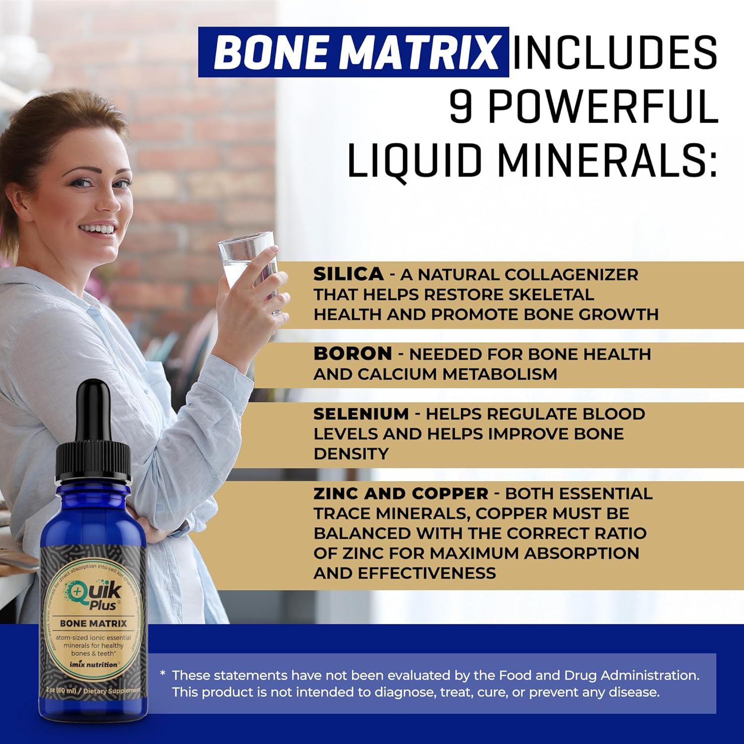 Imix Nutrition QuikPlus Bone Matrix Supplement with Calcium, Magnesium, Zinc, and Potassium - Vegan, Gluten-Free, All Natural Formula with Ionic Liquid Minerals and Collagenizer for Bone and Teeth Support (2 Oz)