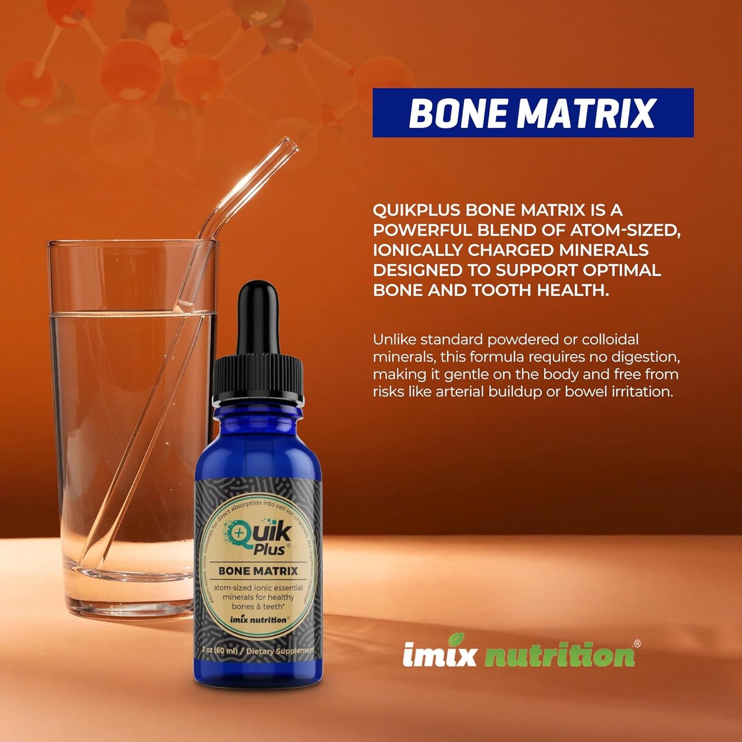 Imix Nutrition QuikPlus Bone Matrix Supplement with Calcium, Magnesium, Zinc, and Potassium - Vegan, Gluten-Free, All Natural Formula with Ionic Liquid Minerals and Collagenizer for Bone and Teeth Support (2 Oz)