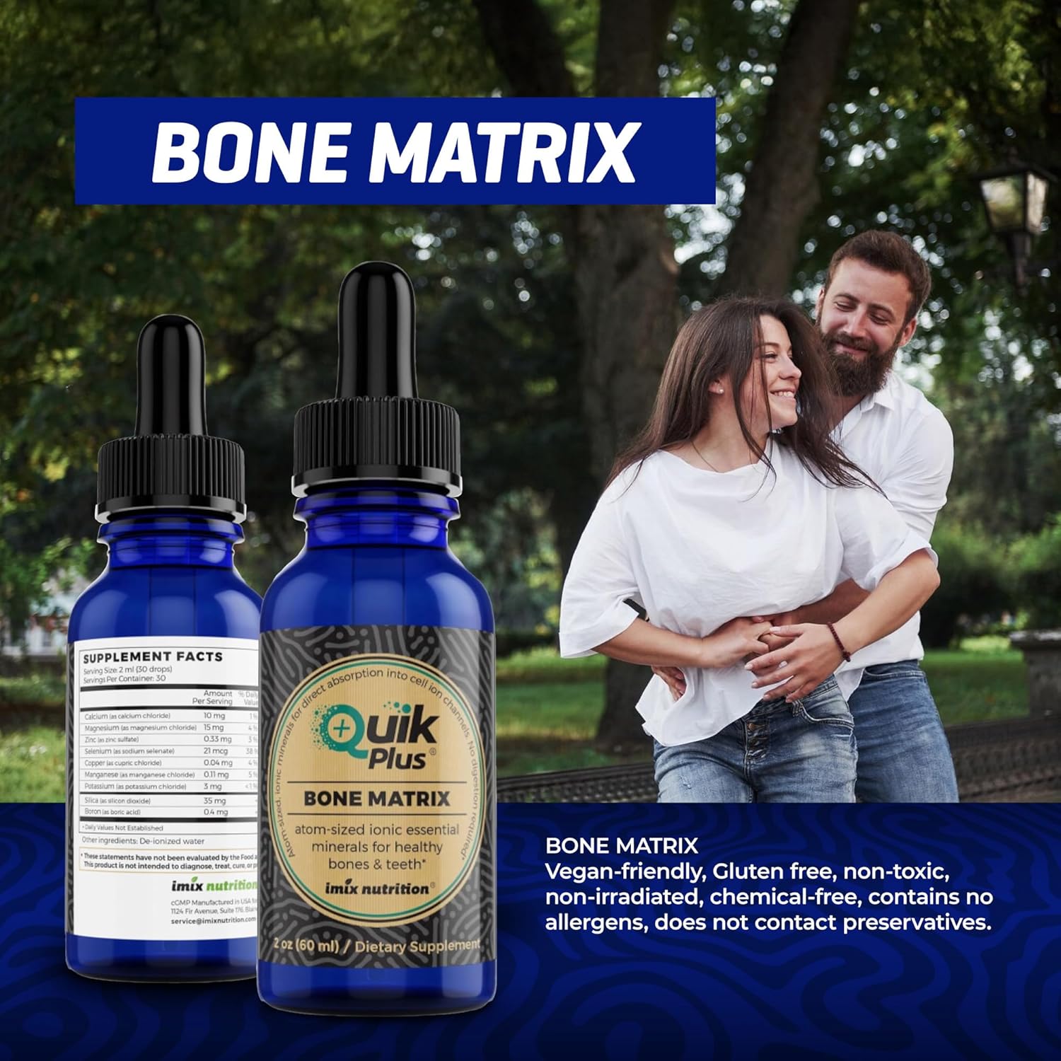 Imix Nutrition QuikPlus Bone Matrix Supplement with Calcium, Magnesium, Zinc, and Potassium - Vegan, Gluten-Free, All Natural Formula with Ionic Liquid Minerals and Collagenizer for Bone and Teeth Support (2 Oz)