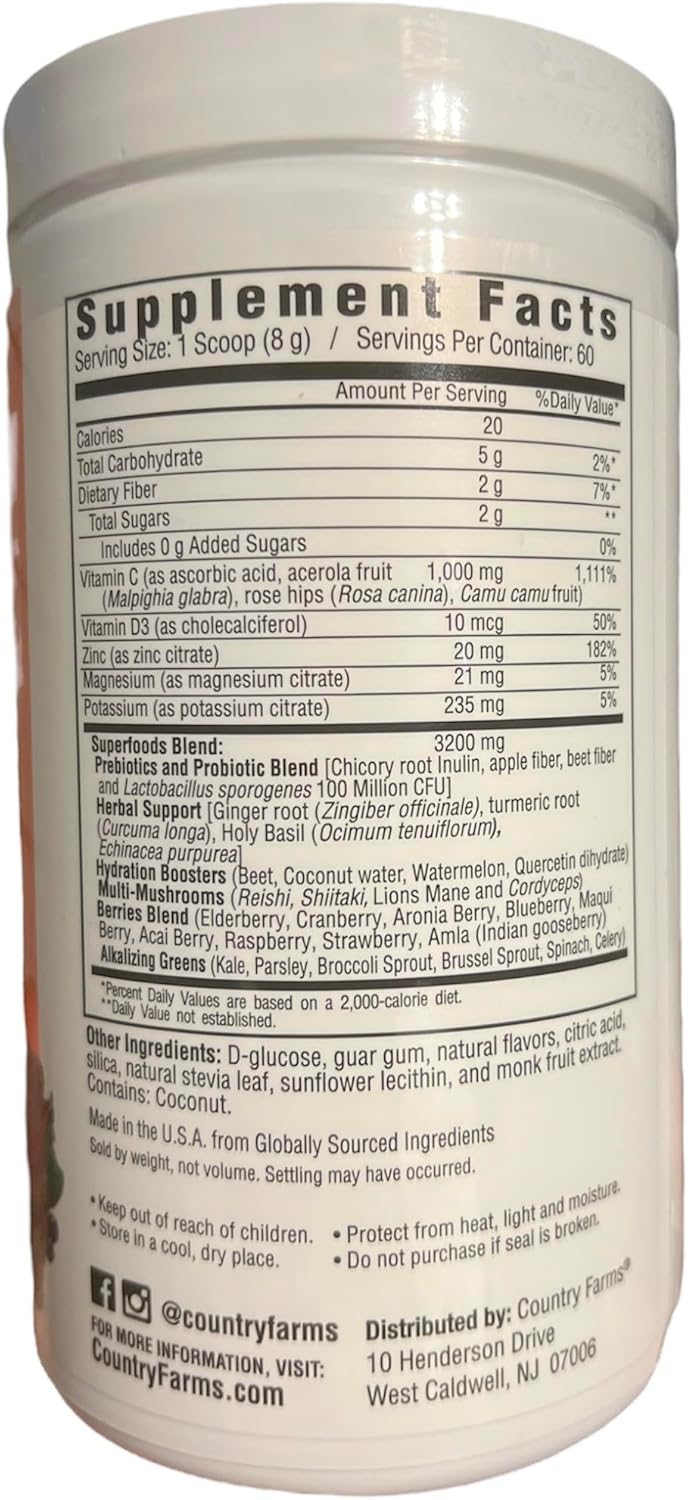 Immune Defense Superfoods with Vitamin C, D3, Elderberry, Zinc - Daily Support 16.9oz