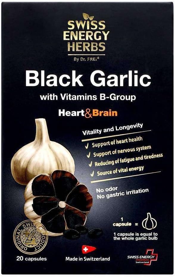 Immune Health Support: Fermented Black Garlic Extract Capsule with Vitamin B - Swiss Energy Herbs, 20 Pieces