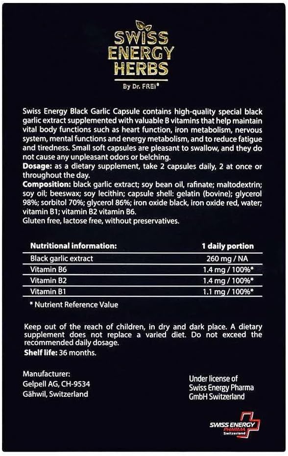 Immune Health Support: Fermented Black Garlic Extract Capsule with Vitamin B - Swiss Energy Herbs, 20 Pieces
