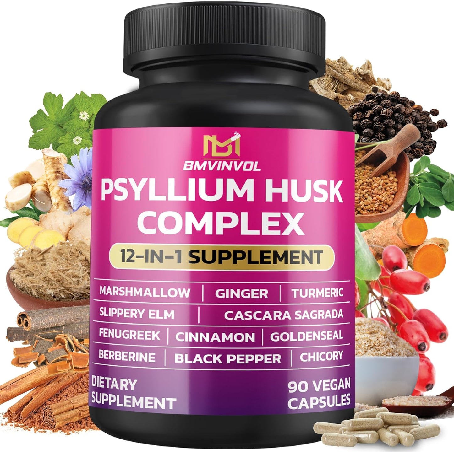 Immune Support & Digestive Health Supplement with Psyllium Husk, Slippery Elm, and More - 90 Capsules