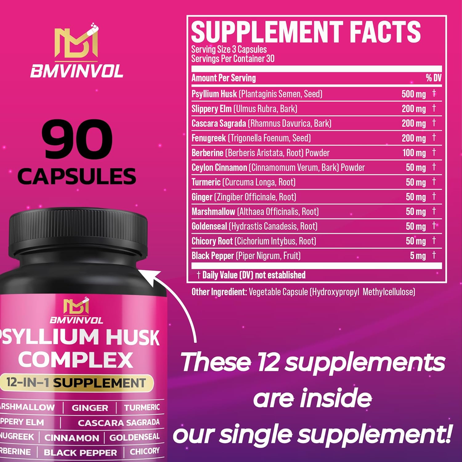 Immune Support & Digestive Health Supplement with Psyllium Husk, Slippery Elm, and More - 90 Capsules