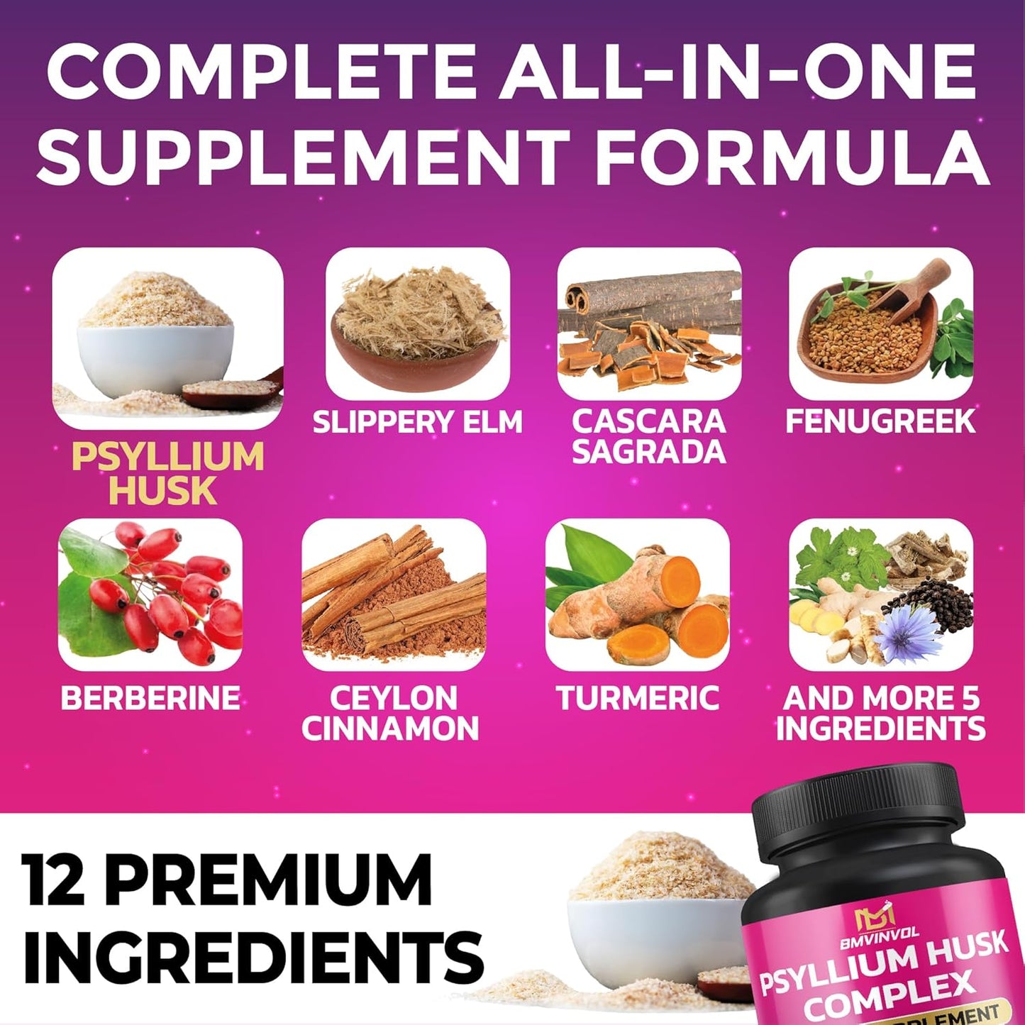 Immune Support & Digestive Health Supplement with Psyllium Husk, Slippery Elm, and More - 90 Capsules