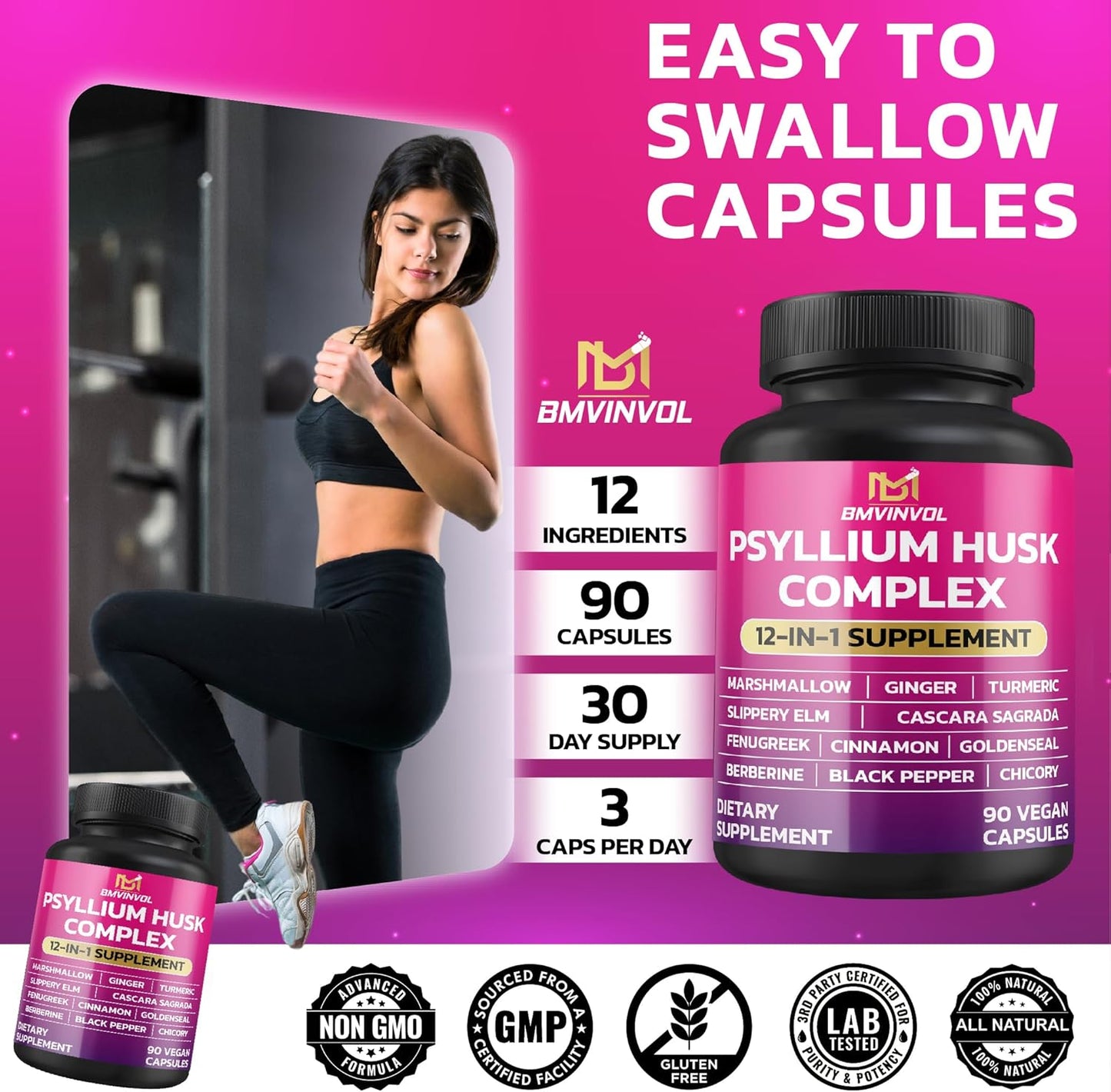 Immune Support & Digestive Health Supplement with Psyllium Husk, Slippery Elm, and More - 90 Capsules