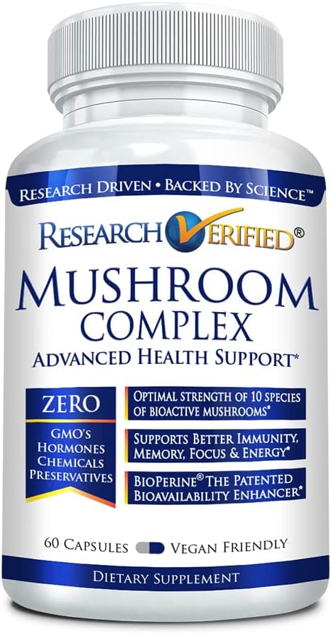 Immune Support Mushroom Complex with 10 Varieties - Boost Antioxidants, Cognitive Function - Vegan Capsules