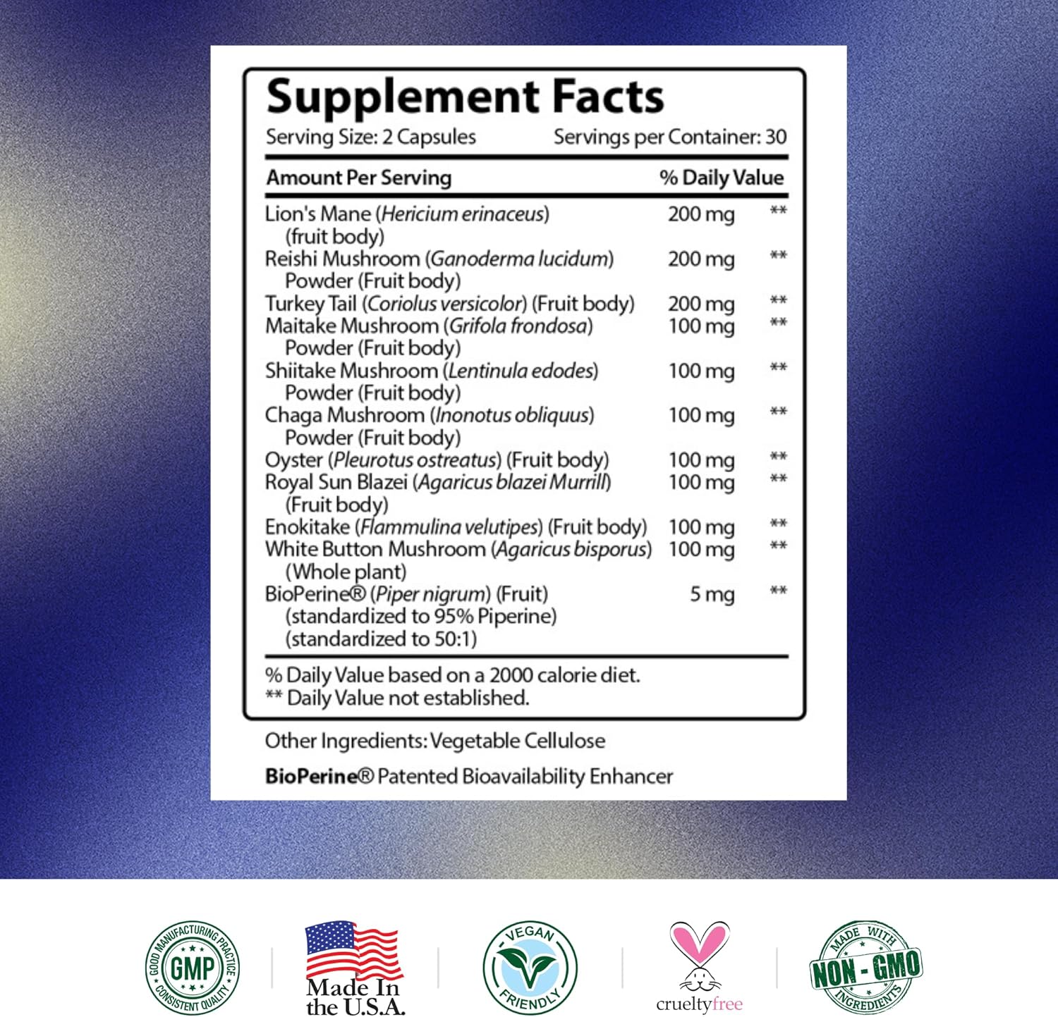 Immune Support Mushroom Complex with 10 Varieties - Boost Antioxidants, Cognitive Function - Vegan Capsules