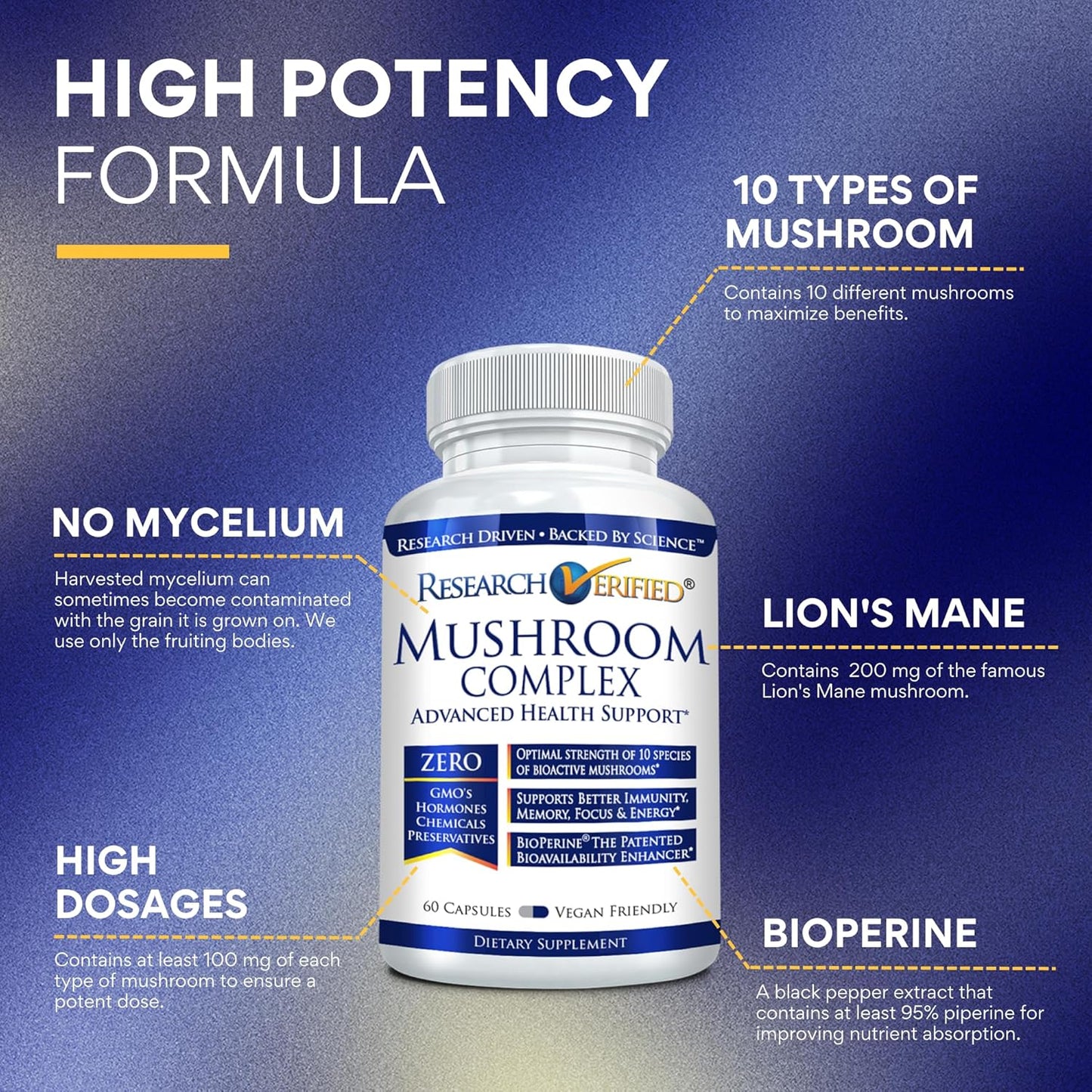 Immune Support Mushroom Complex with 10 Varieties - Boost Antioxidants, Cognitive Function - Vegan Capsules